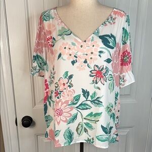 LOFT White and Pink Boxy Blouse with Relaxed Fit Women’s Size L